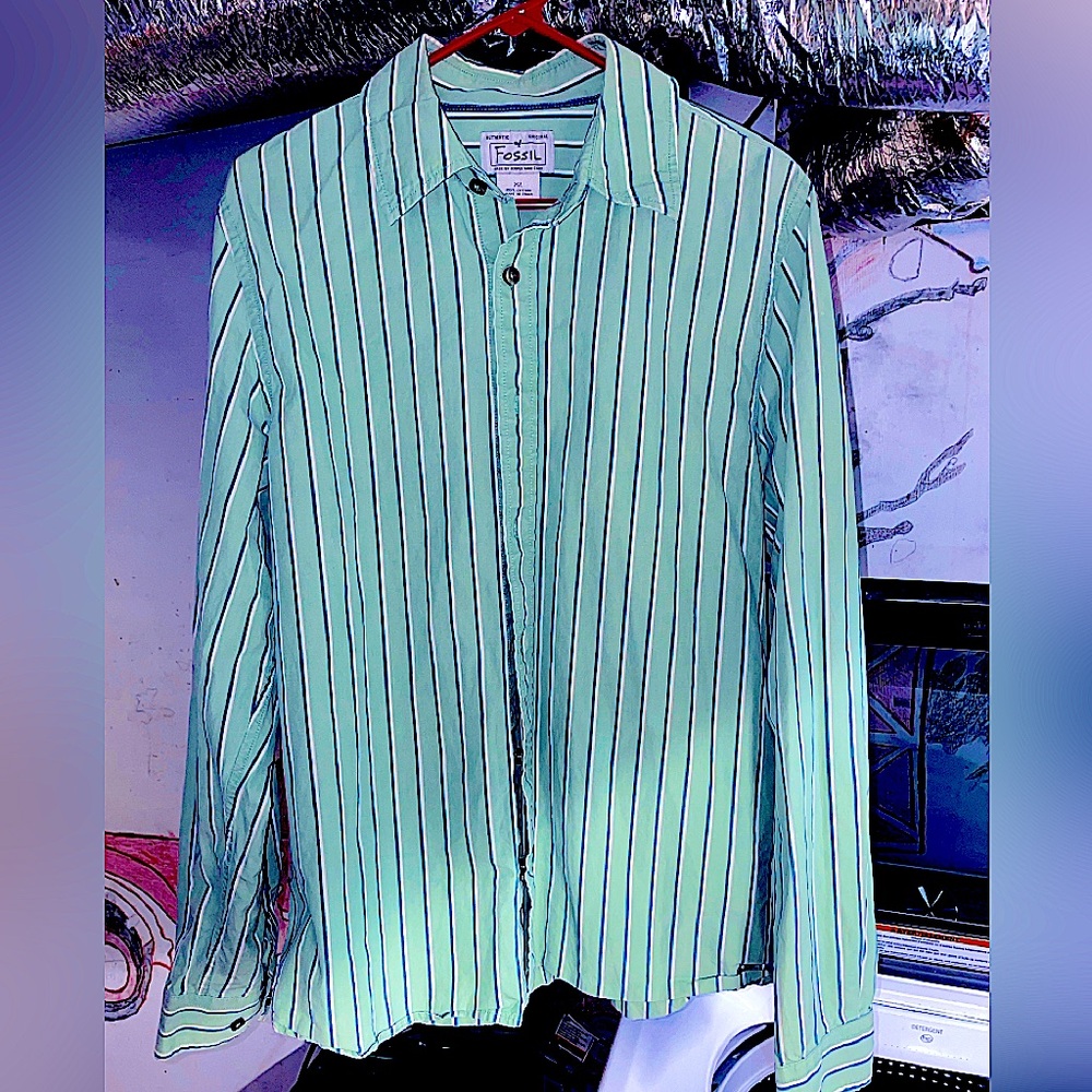 Fossil XL Full Button Up Long Sleeve Polo Shirt. Green w/Dark Blue/White Stripes